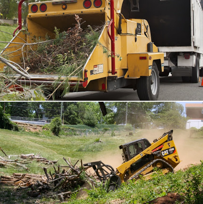 Top photo: A wood chipper with branches of trees on its collecting bin. Below: A track loader pushing branches in one place